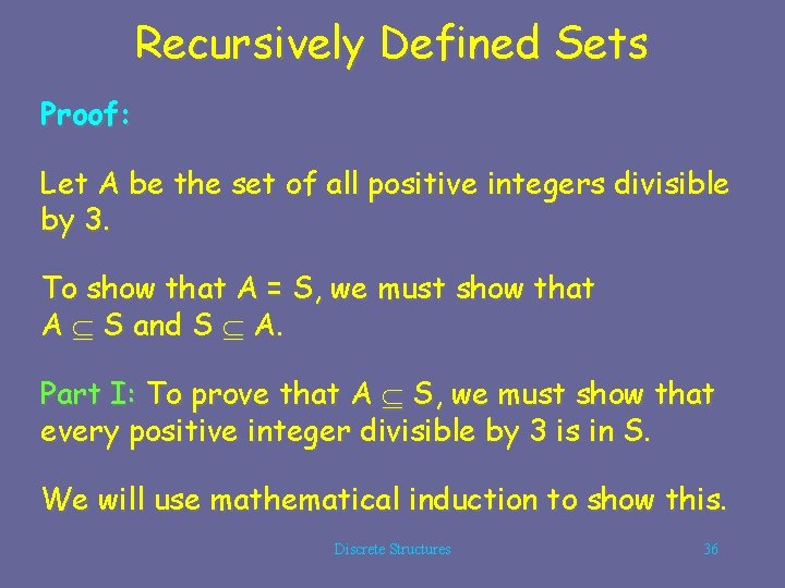 Recursively Defined Sets Proof: Let A be the set of all positive integers divisible