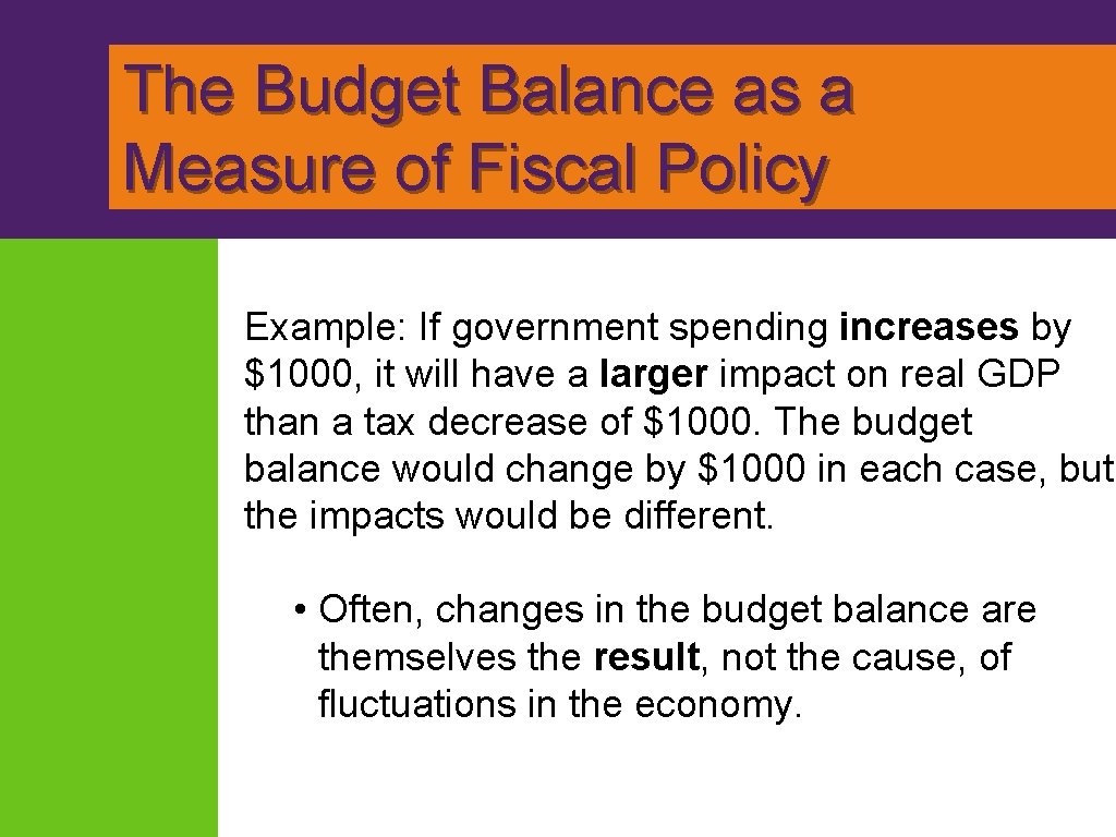 The Budget Balance as a Measure of Fiscal Policy Example: If government spending increases