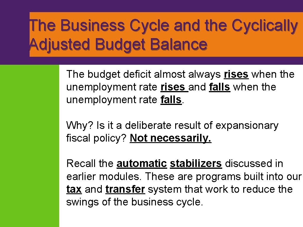 The Business Cycle and the Cyclically Adjusted Budget Balance The budget deficit almost always