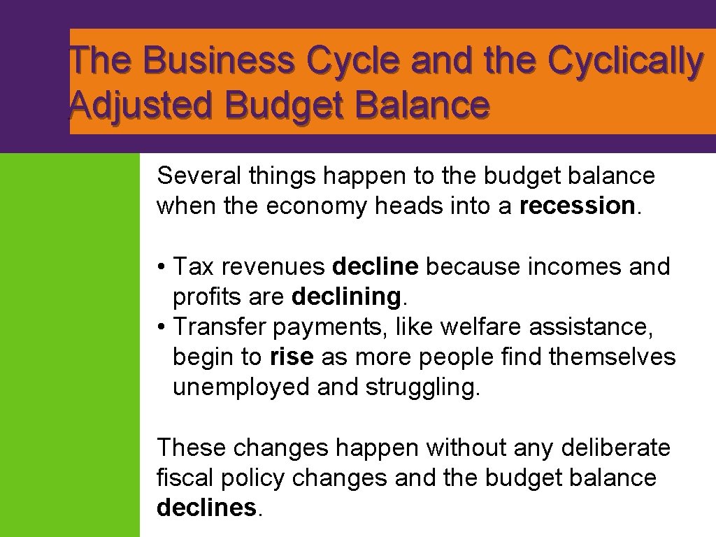 The Business Cycle and the Cyclically Adjusted Budget Balance Several things happen to the