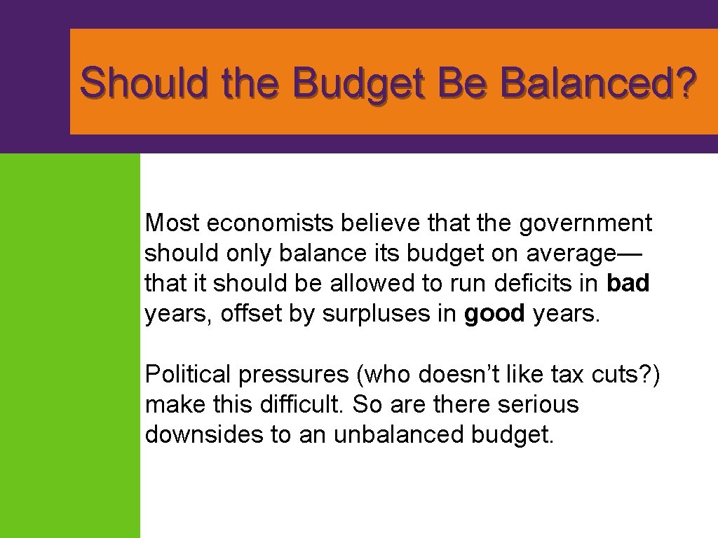 Should the Budget Be Balanced? Most economists believe that the government should only balance