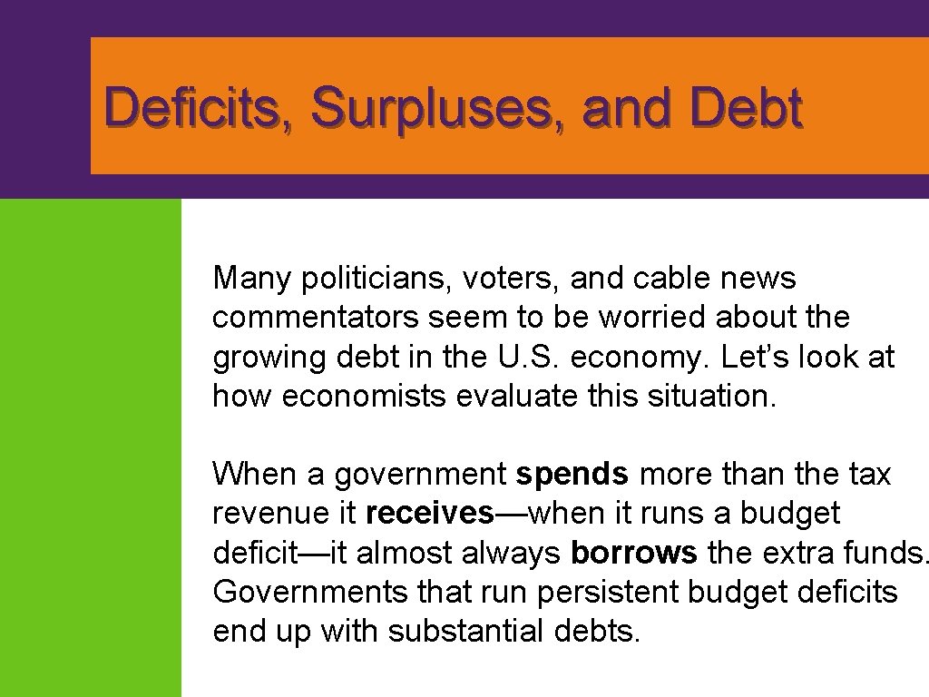 Deficits, Surpluses, and Debt Many politicians, voters, and cable news commentators seem to be
