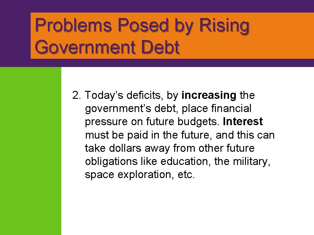 Problems Posed by Rising Government Debt 2. Today’s deficits, by increasing the government’s debt,