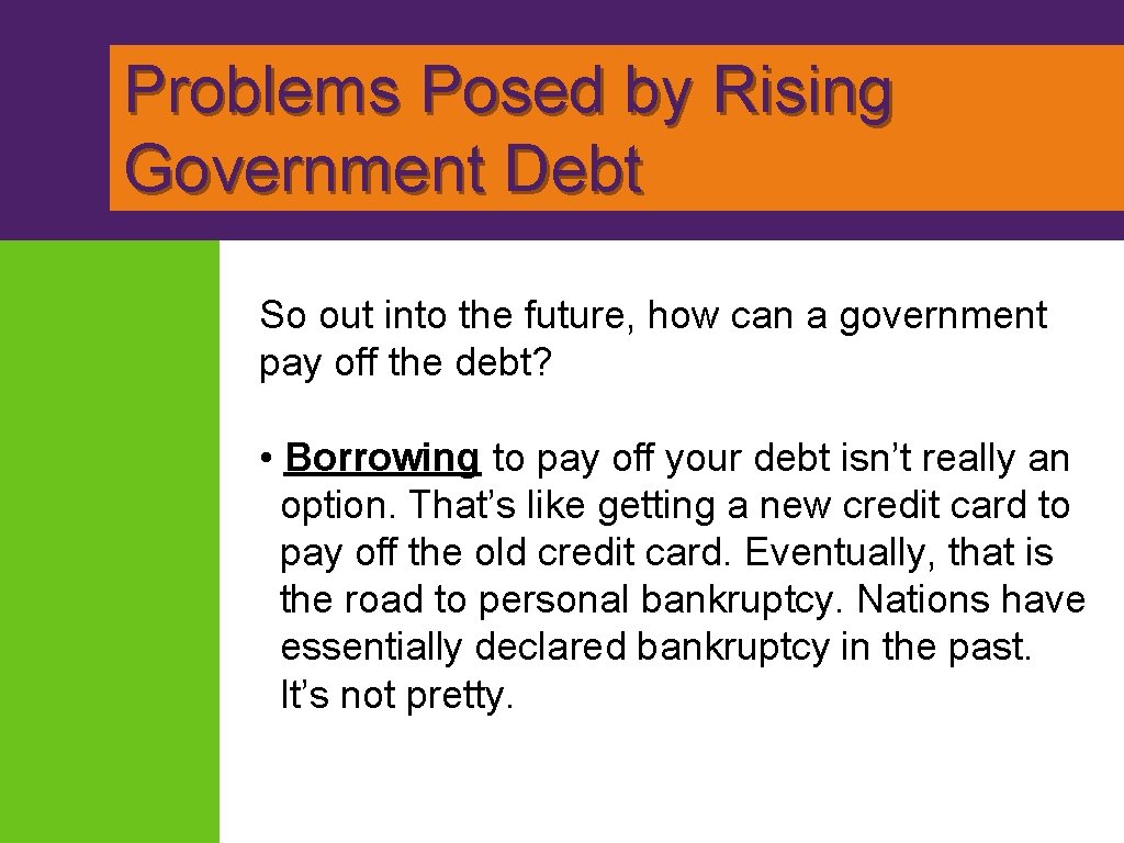 Problems Posed by Rising Government Debt So out into the future, how can a