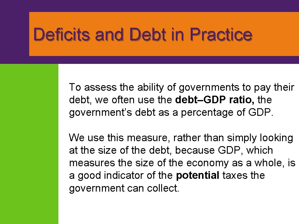 Deficits and Debt in Practice To assess the ability of governments to pay their