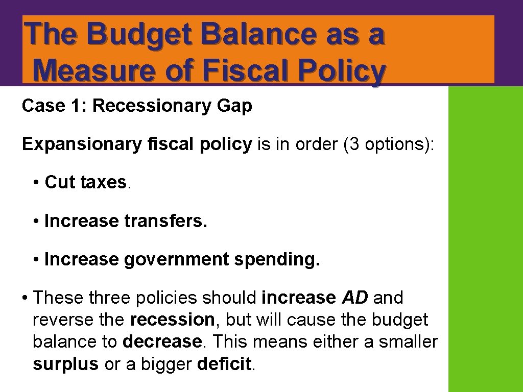 The Budget Balance as a Measure of Fiscal Policy Case 1: Recessionary Gap Expansionary