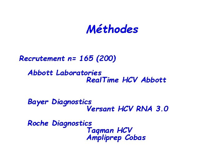 Méthodes Recrutement n= 165 (200) Abbott Laboratories Real. Time HCV Abbott Bayer Diagnostics Versant