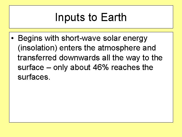 Inputs to Earth • Begins with short-wave solar energy (insolation) enters the atmosphere and