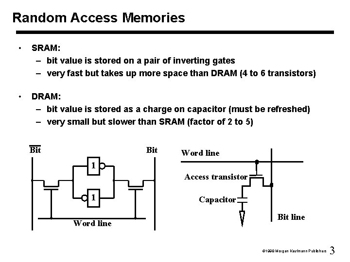 Random Access Memories • SRAM: – bit value is stored on a pair of