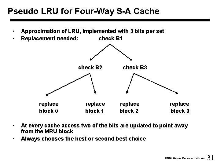 Pseudo LRU for Four-Way S-A Cache • • Approximation of LRU, implemented with 3