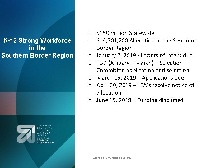 K-12 Strong Workforce in the Southern Border Region o $150 million Statewide o $14,