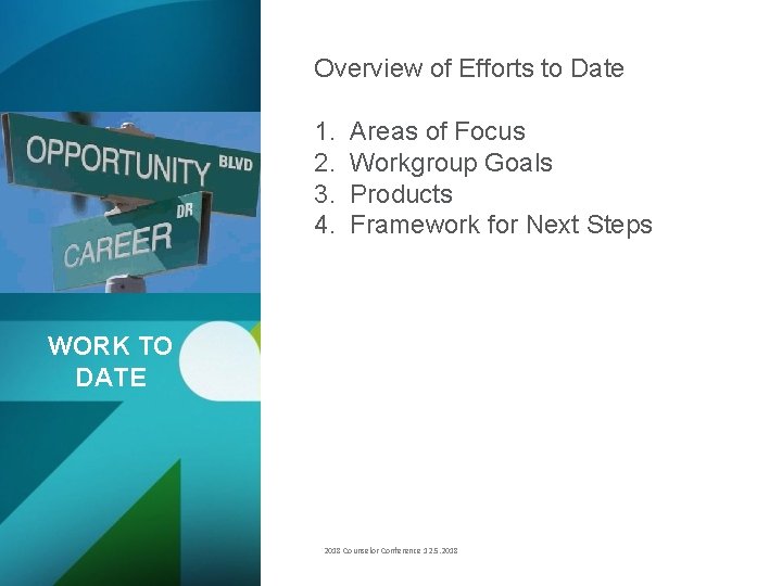 Overview of Efforts to Date 1. 2. 3. 4. Areas of Focus Workgroup Goals