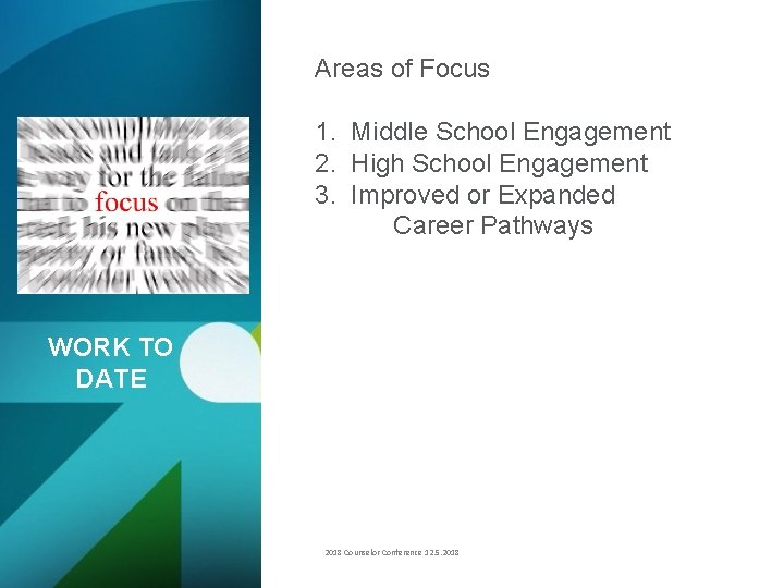 Areas of Focus 1. Middle School Engagement 2. High School Engagement 3. Improved or