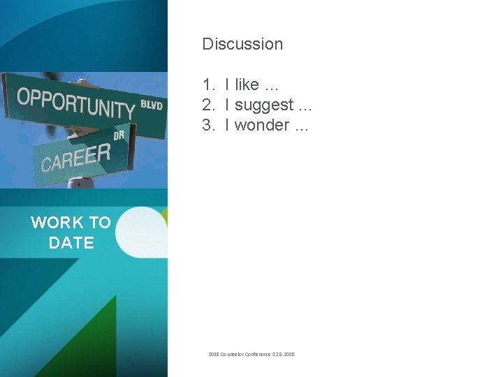 Discussion 1. I like … 2. I suggest … 3. I wonder … WORK