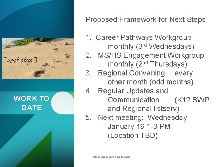Proposed Framework for Next Steps WORK TO DATE 1. Career Pathways Workgroup monthly (3