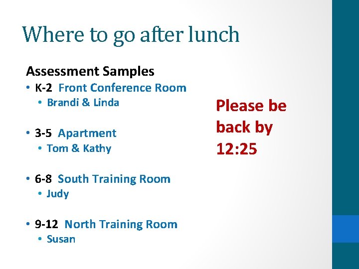 Where to go after lunch Assessment Samples • K-2 Front Conference Room • Brandi