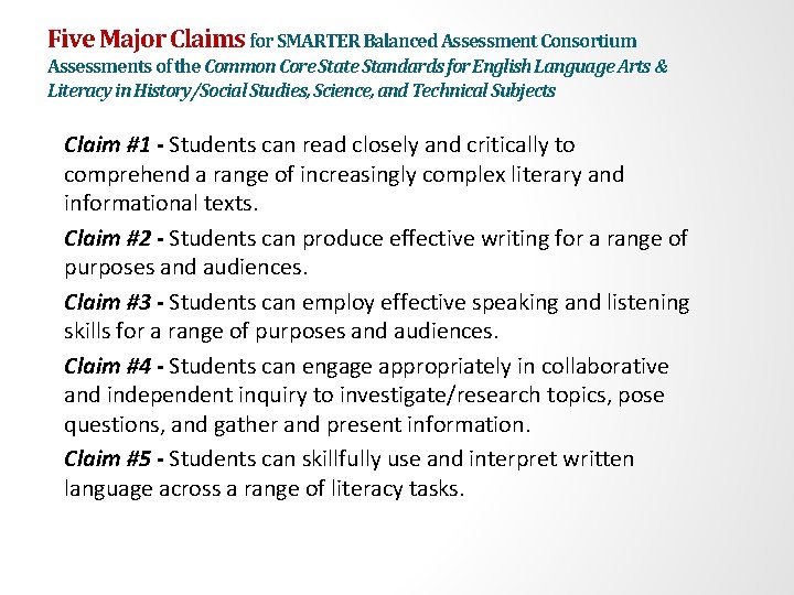 Five Major Claims for SMARTER Balanced Assessment Consortium Assessments of the Common Core State