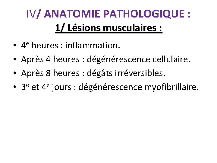 IV/ ANATOMIE PATHOLOGIQUE : 1/ Lésions musculaires : • • 4 e heures :