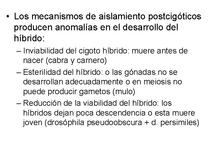  • Los mecanismos de aislamiento postcigóticos producen anomalías en el desarrollo del híbrido: