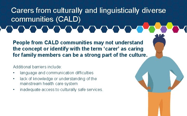 Carers from culturally and linguistically diverse communities (CALD) People from CALD communities may not