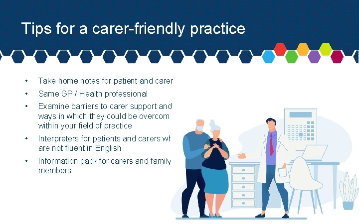 Tips for a carer-friendly practice • Take home notes for patient and carer •