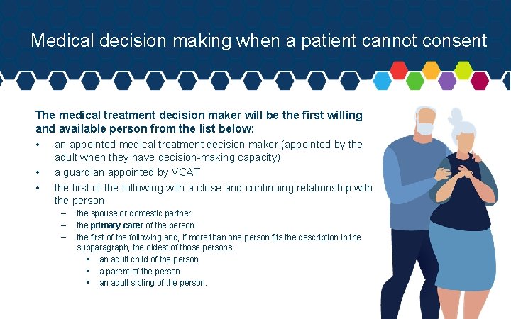 Medical decision making when a patient cannot consent The medical treatment decision maker will