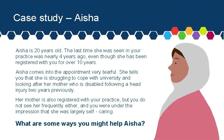 Case study – Aisha is 20 years old. The last time she was seen