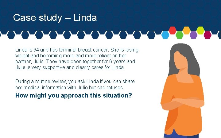 Case study – Linda is 64 and has terminal breast cancer. She is losing