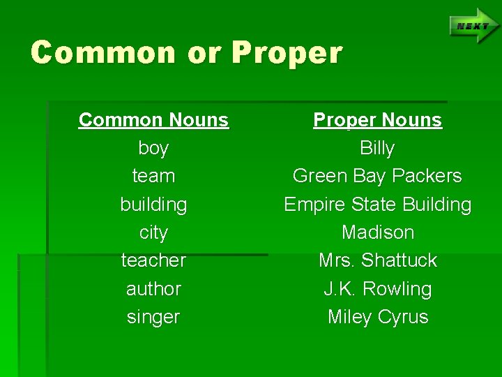 Common or Proper Common Nouns boy team building city teacher author singer Proper Nouns