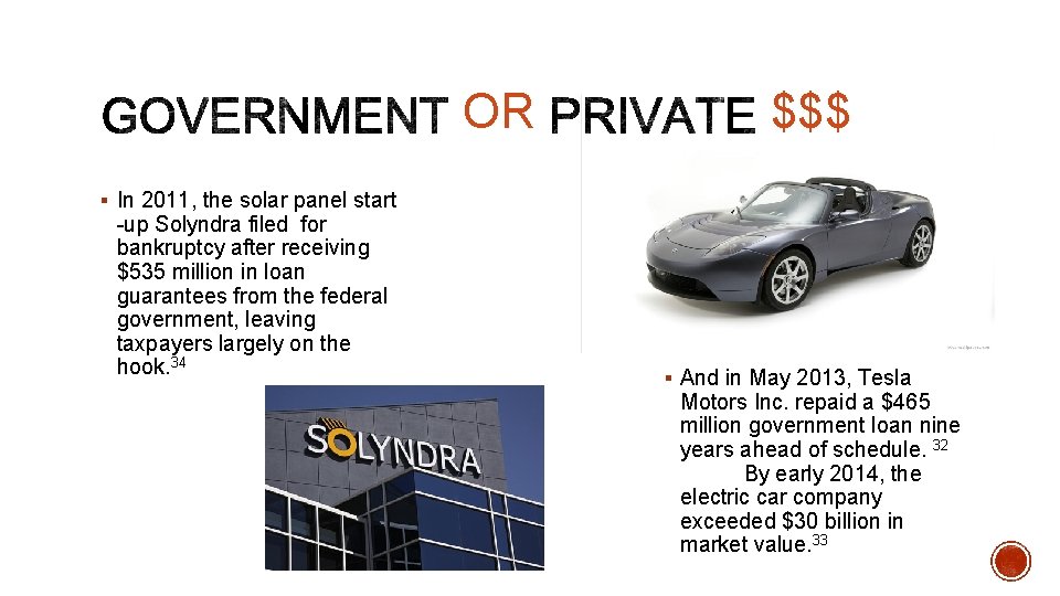 OR $$$ § In 2011, the solar panel start -up Solyndra filed for bankruptcy