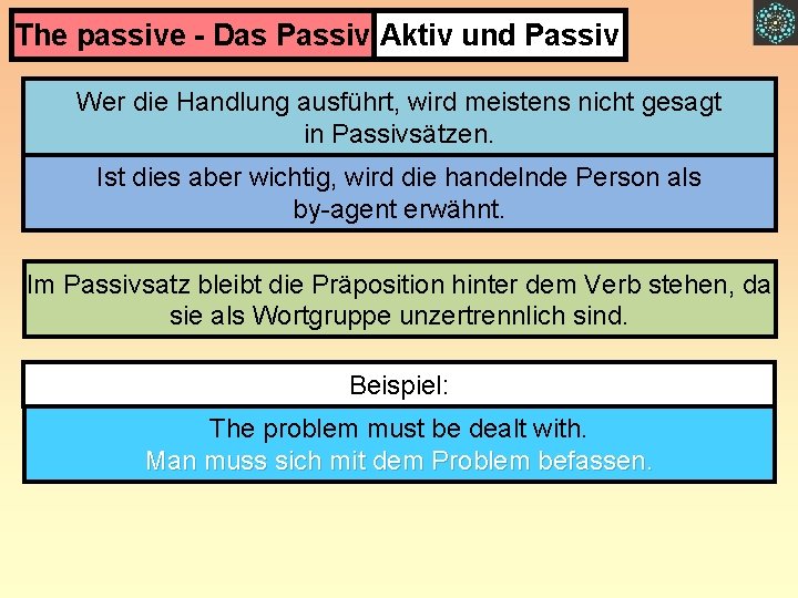 The passive - Das Passiv Aktiv und Passiv Wer die Handlung ausführt, wird meistens