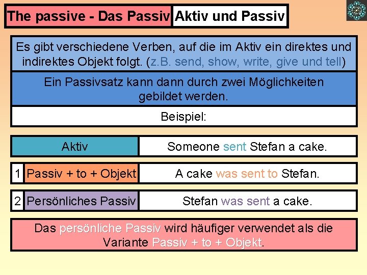 The passive - Das Passiv Aktiv und Passiv Es gibt verschiedene Verben, auf die