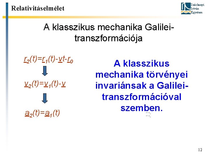 Széchenyi István Egyetem Relativitáselmélet A klasszikus mechanika Galileitranszformációja r 2(t)=r 1(t)-vt-r 0 v 2(t)=v