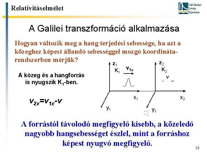 Széchenyi István Egyetem Relativitáselmélet A Galilei transzformáció alkalmazása Hogyan változik meg a hang terjedési