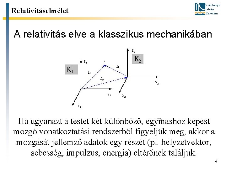 Széchenyi István Egyetem Relativitáselmélet A relativitás elve a klasszikus mechanikában z 2 z 1
