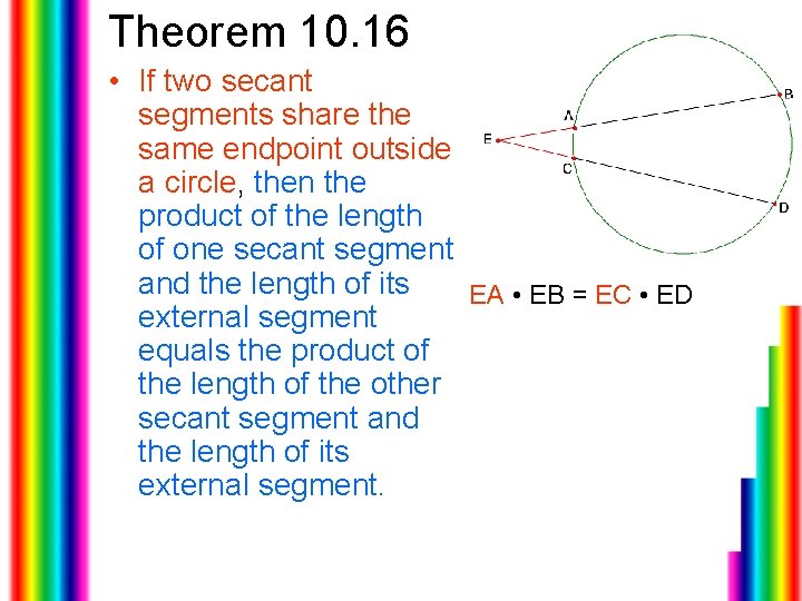 Theorem 10. 16 • If two secant segments share the same endpoint outside a