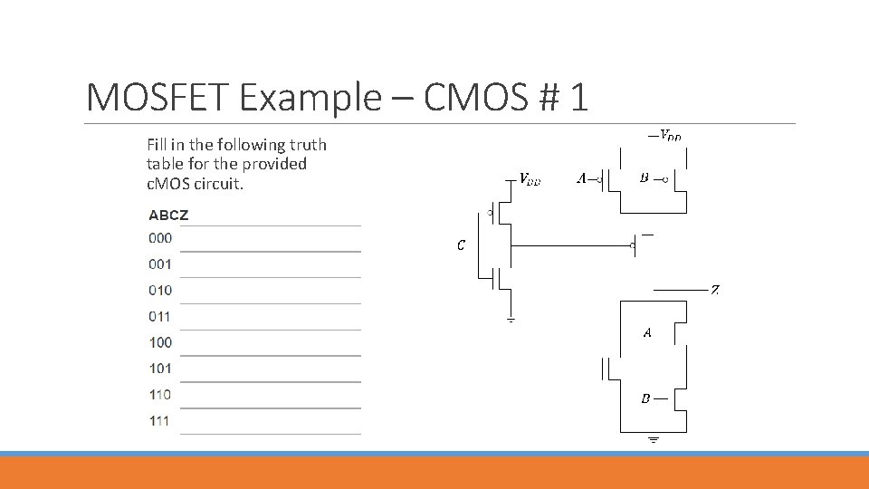 MOSFET Example – CMOS # 1 Fill in the following truth table for the