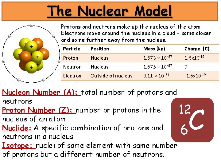 The Nuclear Model Protons and neutrons make up the nucleus of the atom. Electrons