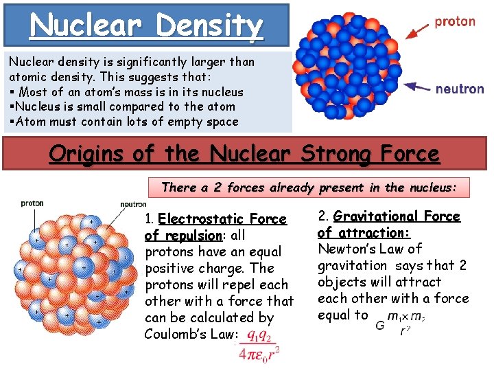Nuclear Density Nuclear density is significantly larger than atomic density. This suggests that: §