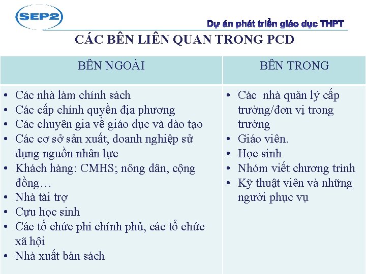 CÁC BÊN LIÊN QUAN TRONG PCD • • • BÊN NGOÀI BÊN TRONG Các