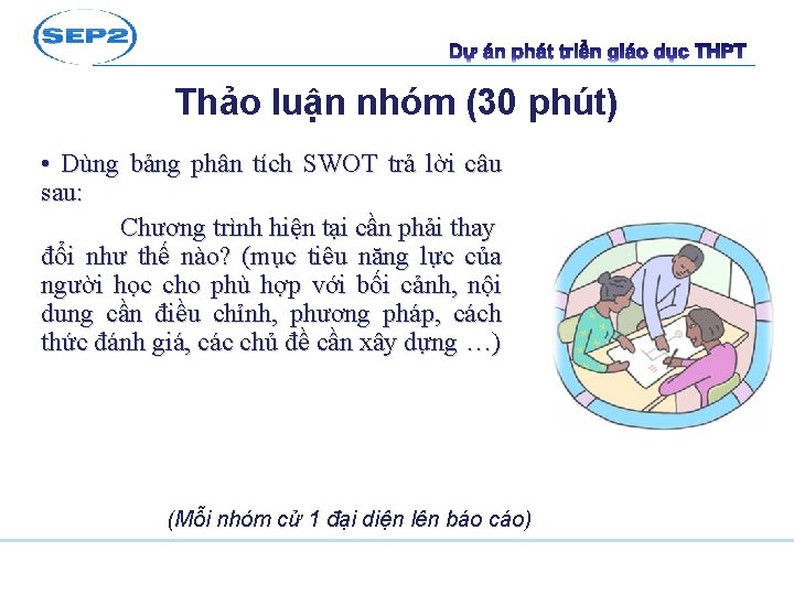 Thảo luận nhóm (30 phút) • Dùng bảng phân tích SWOT trả lời câu