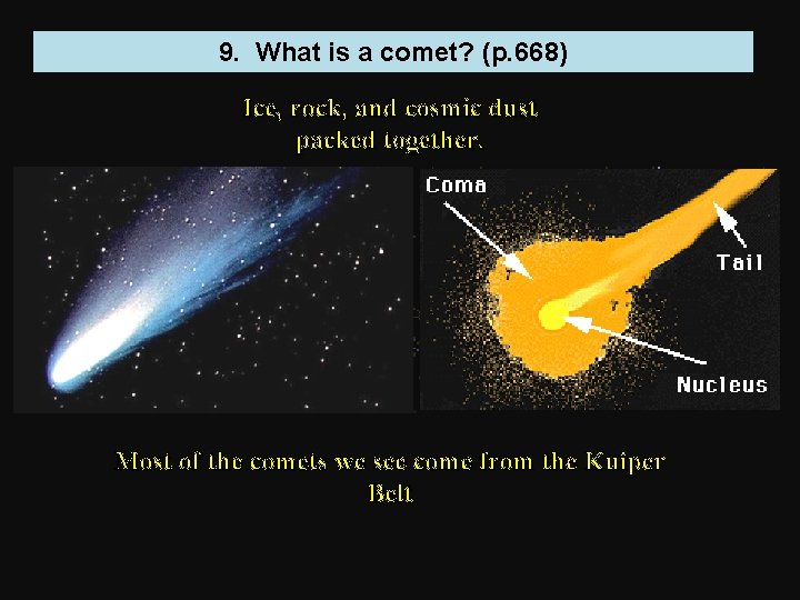9. What is a comet? (p. 668) Ice, rock, and cosmic dust packed together.