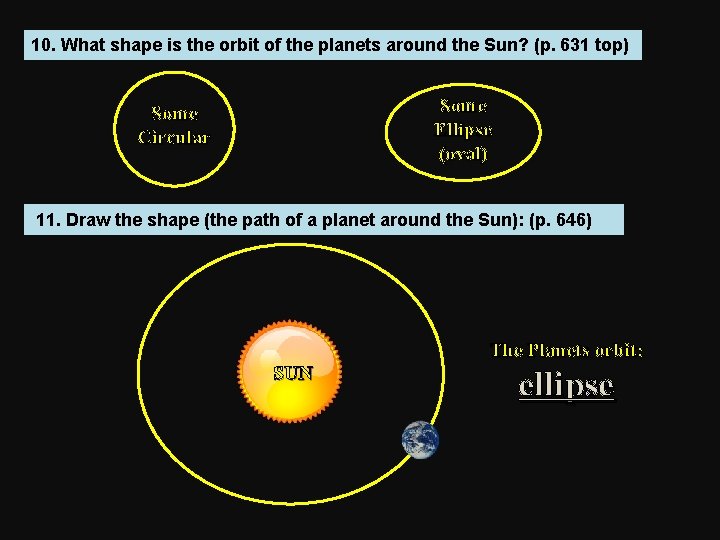 10. What shape is the orbit of the planets around the Sun? (p. 631