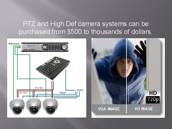 PTZ and High Def camera systems can be purchased from $500 to thousands of PTZ and High Def camera systems can be purchased from $500 to thousands of