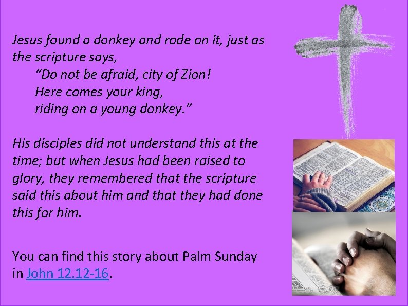 Jesus found a donkey and rode on it, just as the scripture says, “Do