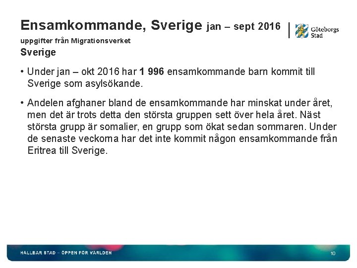 Ensamkommande, Sverige jan – sept 2016 uppgifter från Migrationsverket Sverige • Under jan –