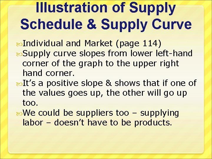 Illustration of Supply Schedule & Supply Curve Individual and Market (page 114) Supply curve