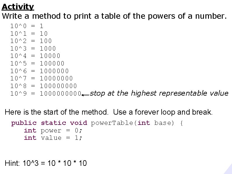 Activity Write a method to print a table of the powers of a number.