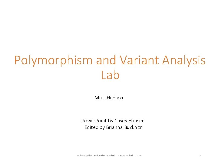 Polymorphism and Variant Analysis Lab Matt Hudson Power. Point by Casey Hanson Edited by