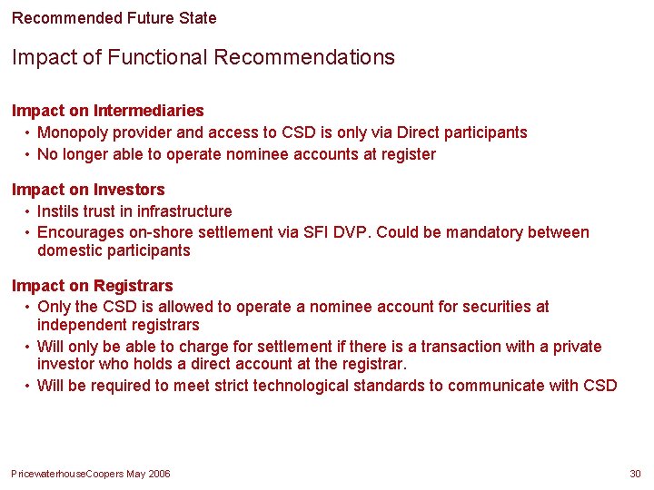 Recommended Future State Impact of Functional Recommendations Impact on Intermediaries • Monopoly provider and Recommended Future State Impact of Functional Recommendations Impact on Intermediaries • Monopoly provider and